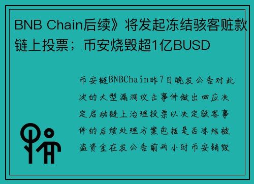 BNB Chain后续》将发起冻结骇客赃款链上投票；币安烧毁超1亿BUSD