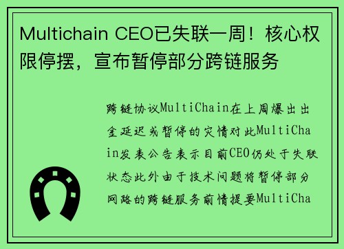 Multichain CEO已失联一周！核心权限停摆，宣布暂停部分跨链服务